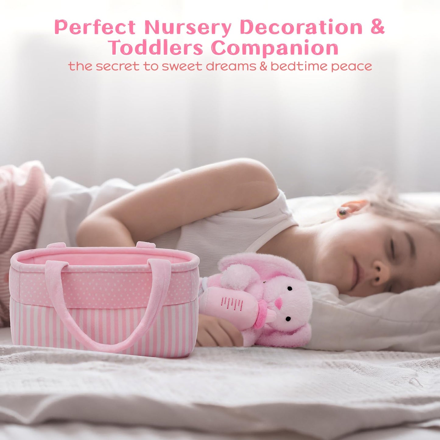 MaoGoLan 5pcs Baby Bunny Doll Set Bunny Plush Toys for Girls Kids, Pink Bunny Stuffed Animal with Doll Accessories (Bassinet/Diaper/Bottle/Blanket), Pretend Play Toys, Gift for Little Girls