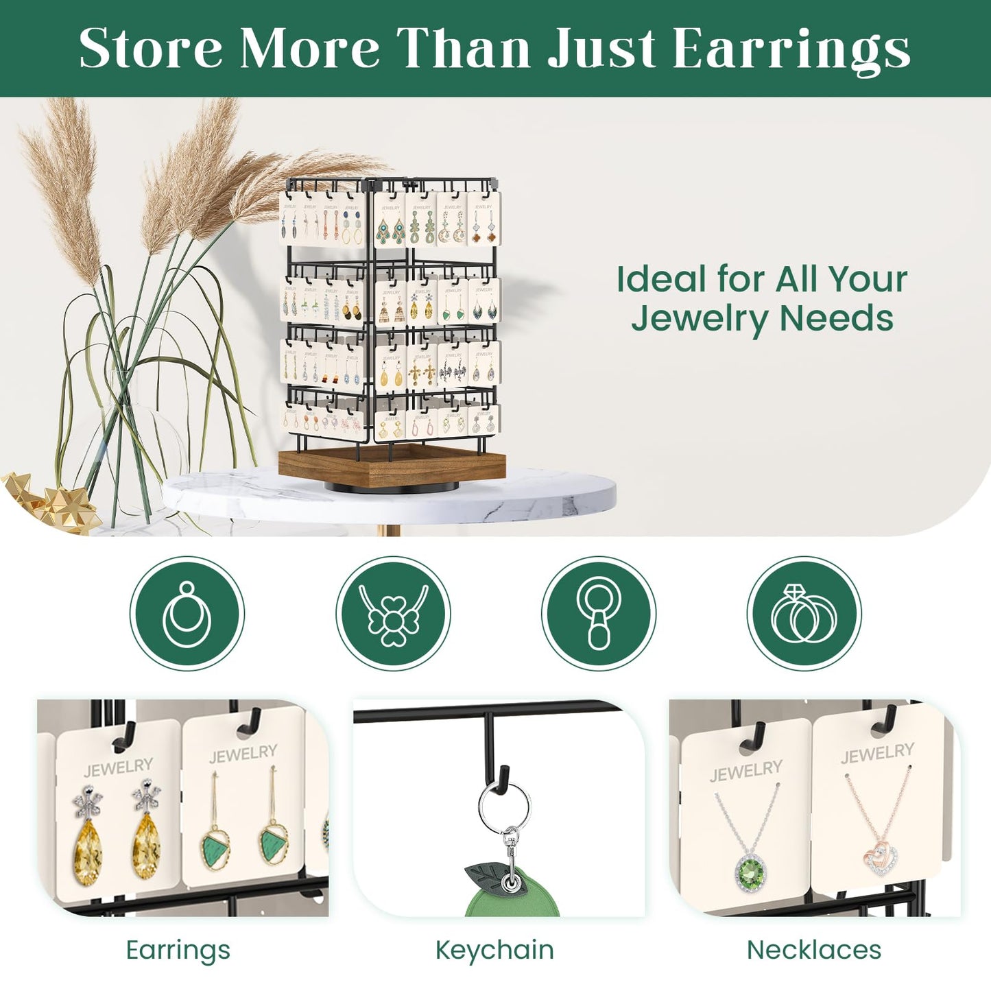 EsLuker.ly Rotating Earring Display Holder Stand for Vendors Events Selling, Large Capacity 64 Hooks Jewelry Rack with Wooden Base for Earring Card Sales, Enhances Retail Display Visibility