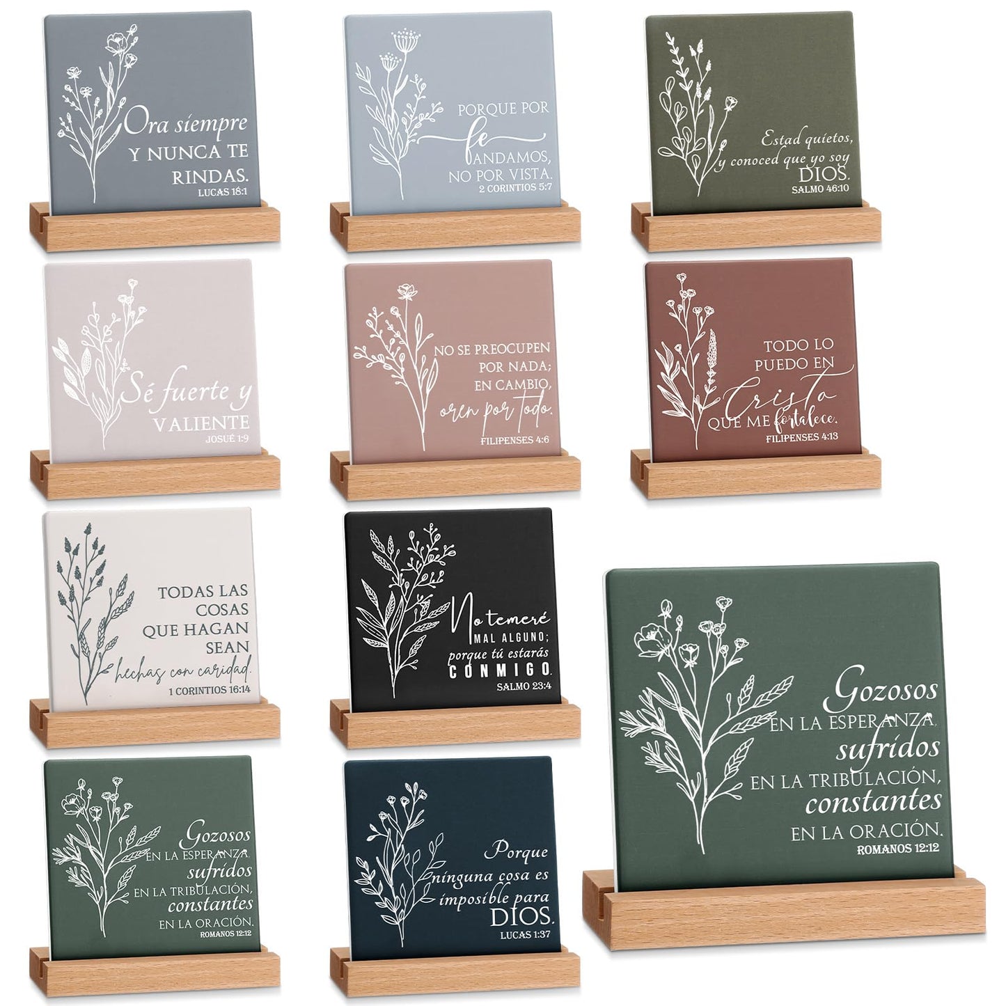 Roowest 10 Pcs Christian Gift for Mom Bible Verse Desk Decor Religious Ceramic Table Plaque Sign with Wood Stand for Women Men Mothers Day Church Graduation Party Favor(Spanish)