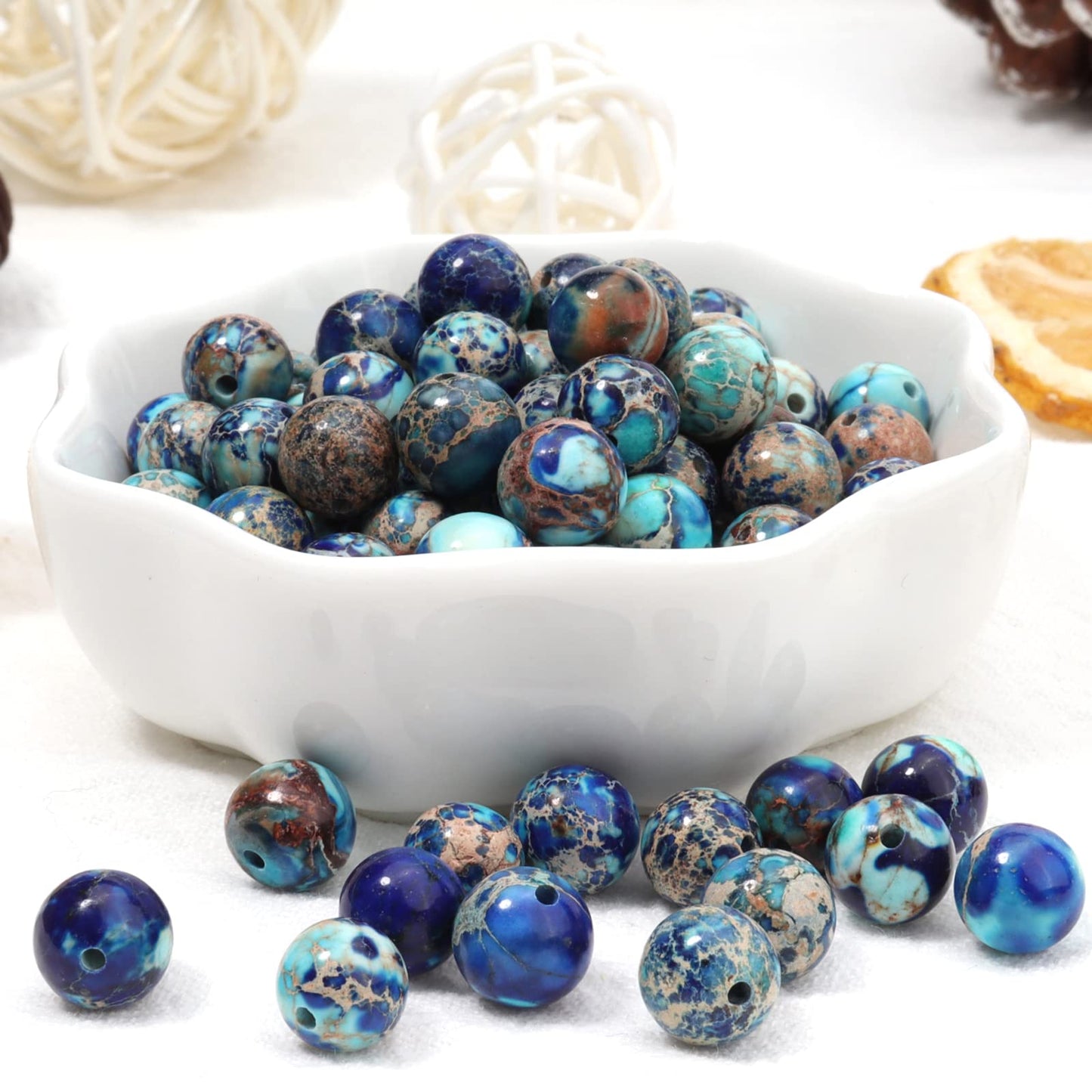 35pcs 10mm Natural Mixed Blue Imperial Jasper Gemstone Beads Energy Healing Crystal Round Loose Stone Beads for Jewelry Making, DIY Bracelets Necklaces