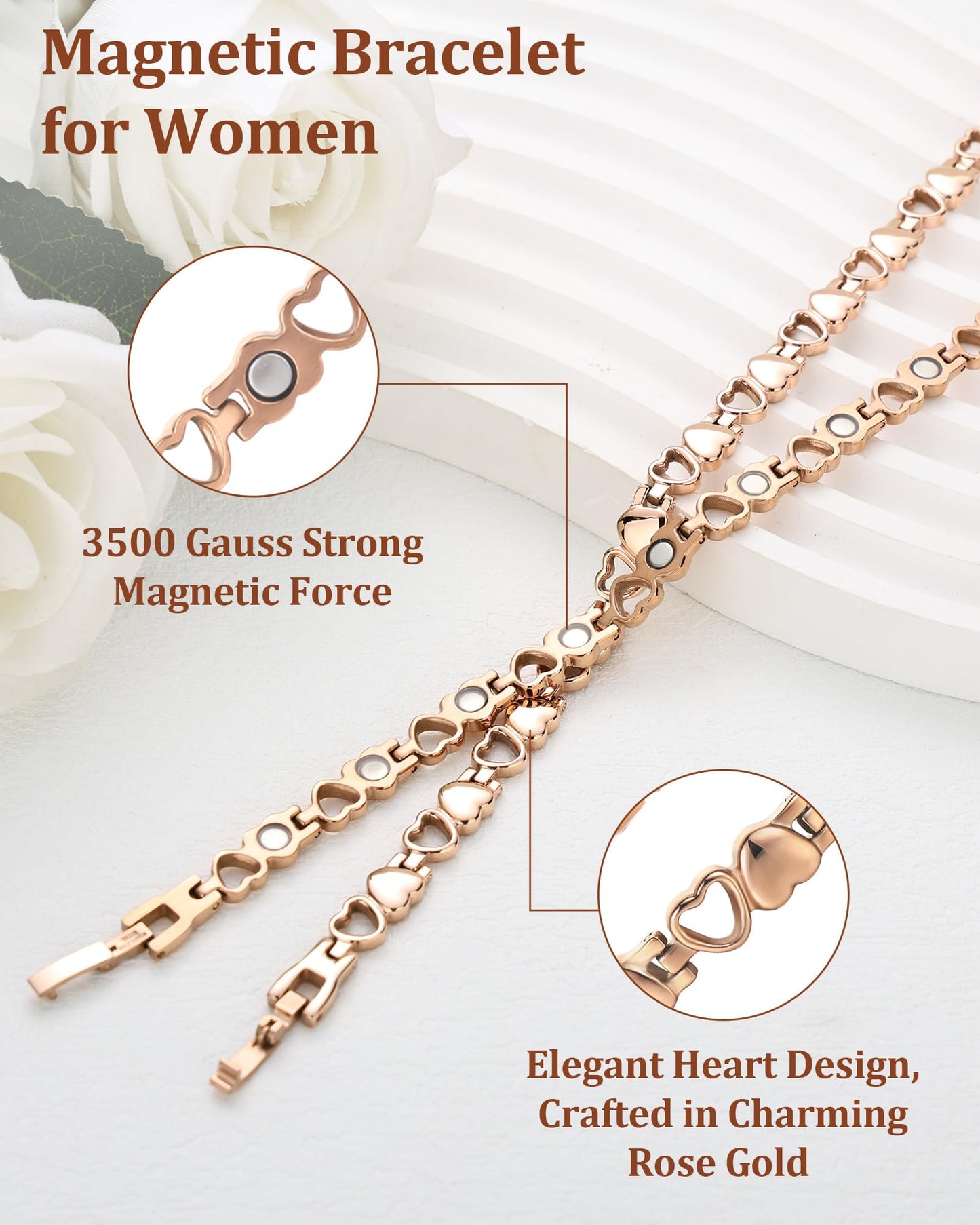 BioMag Magnetic Bracelet for Women, Titanium Steel Wristband Brazaletes for Pain Relief Solid Pure Copper Jewelry Gift with Adjustable Tool (Rose Gold)