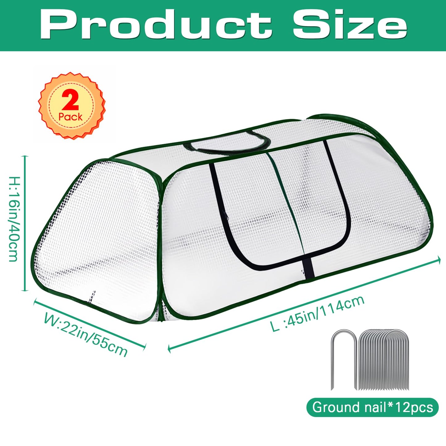 Garden Rows Accelerator Plants Cover-Garden Greenhouse with Roll-up Zipper Door,Thicker PE Cover for Indoor Outdoor Vegetable Fruits Rows - 45" L x 22" W x 16" H (White, 1 Pack)