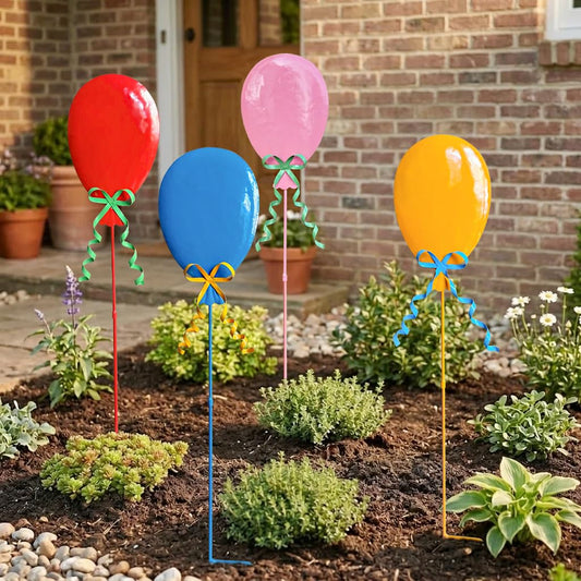 WKHOMEDECO 32" Decorative Garden Stakes Set of 4, Happy Birthday Yard Stakes, Metal Balloon Yard Art, Rustproof Metal Garden Decor & Yard Decorations Outdoor, Metal Flowers for Outside in 4 Colors