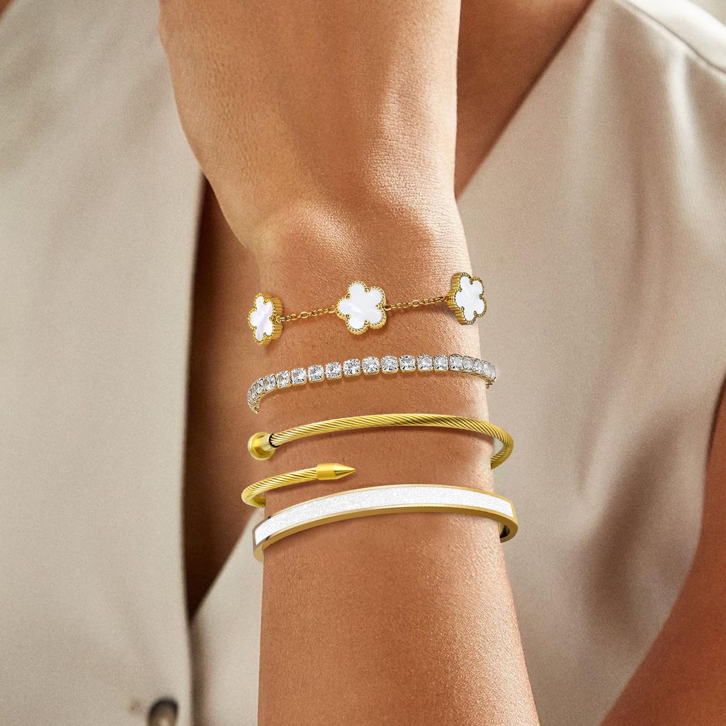 MOINSPIRE 18K Gold Plated Bracelets for Women, Stainless Steel Four Leaf Clover Tennis Nail Love Bangle Bracelets Set, Trendy Stackable Twist Cuff Bracelet Non Tarnish Jewelry Gifts for Christmas