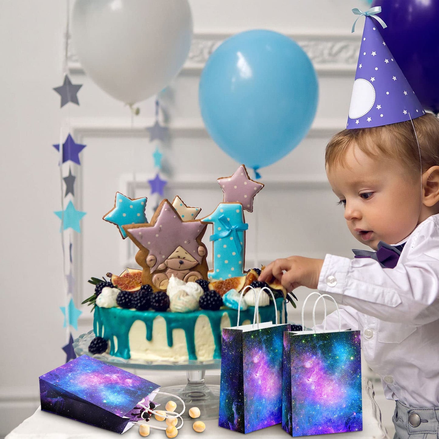 Containlol 16 Pcs Galaxy Party Bags Outer Space Party Gift Bags Goody Candy Boxes for Solar System Planet Birthday Baby Shower Supplies