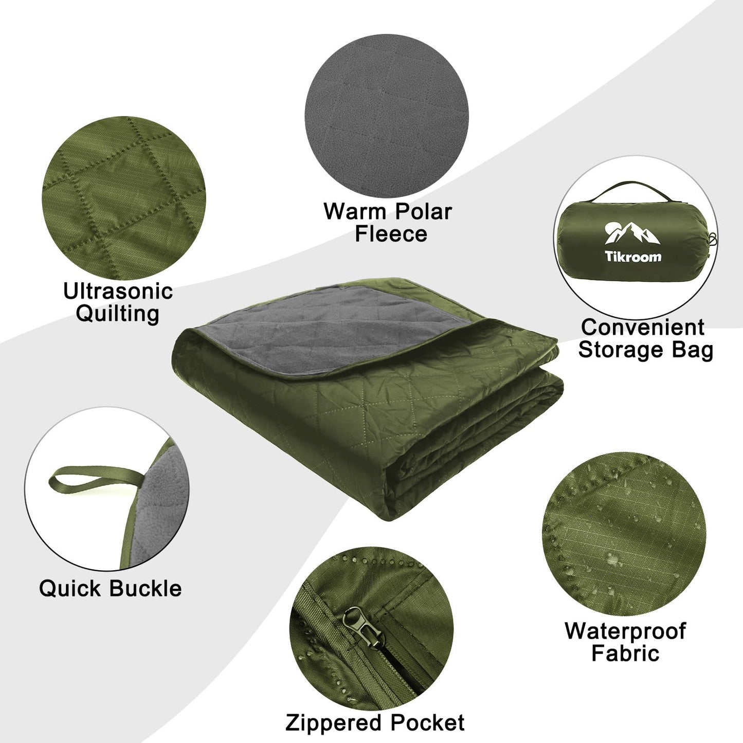 Tikroom Large Waterproof Outdoor Camping Blanket, 80 x 58 inch Fleece Picnic Blankets Windproof Travel Stadium Blanket for Beaches Pets Car Camp Picnic Mat for Both Cold & Warm Weather