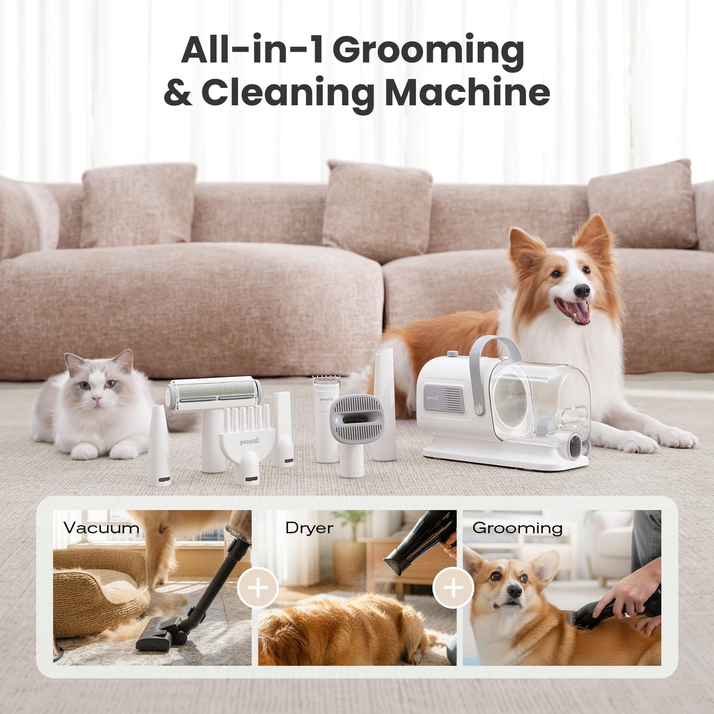 Pecute Dog Grooming Vacuum & Dryer, 7-in-1 Pet Grooming Kit with Clipper, 10000Pa Dog Vacuum for Shedding Grooming, Adjustable Speed & Temp, 55dB Low Noise,1.7L Dust Cup