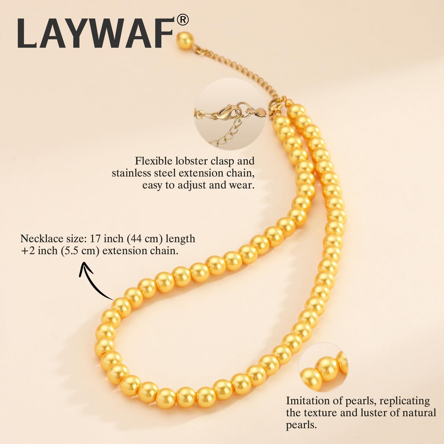 LAYWAF Imitation Pearl Necklace for Women Mom Wedding Bride, Fake Pearl Choker Yellow Necklace, 8MM Beaded Necklace, Simple Faux Pearls Jewelry, Costume Pearl Accessories