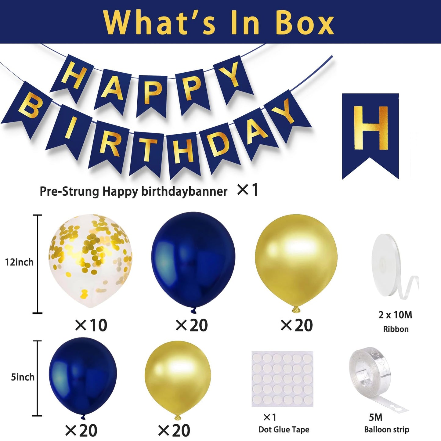Navy Blue Birthday Party Decorations for Men Decor 100pcs Gold and Navy Blue Balloons Garland Arch Kit Pre-Strung Happy Birthday Banner Girls 16th 18th 30th 40th 50th 60th 70th 80th 90th for Boys