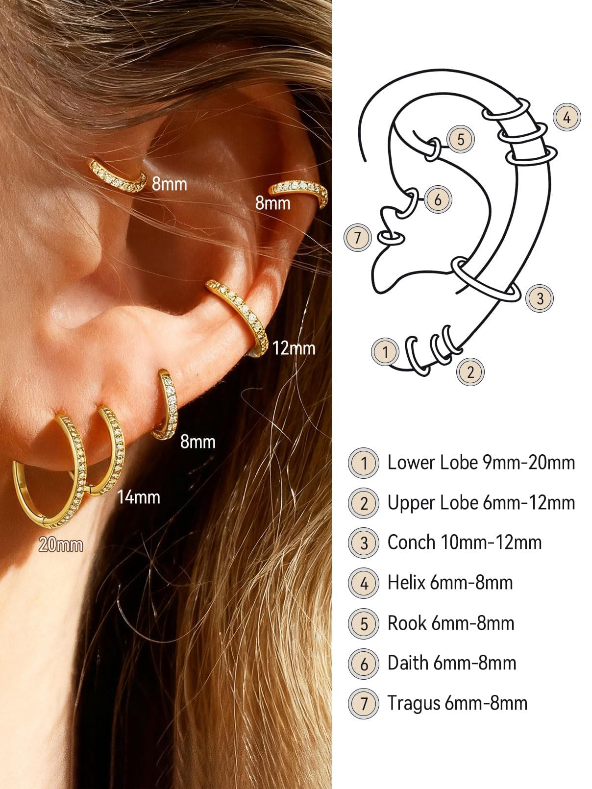 FaithHeart Cubic Zirconia Hoop Earrings for Women, 14K Gold Hypoallergenic Huggie Hoop Earrings, Small Cartilage Earrings for Women 8mm, Send Gift Box