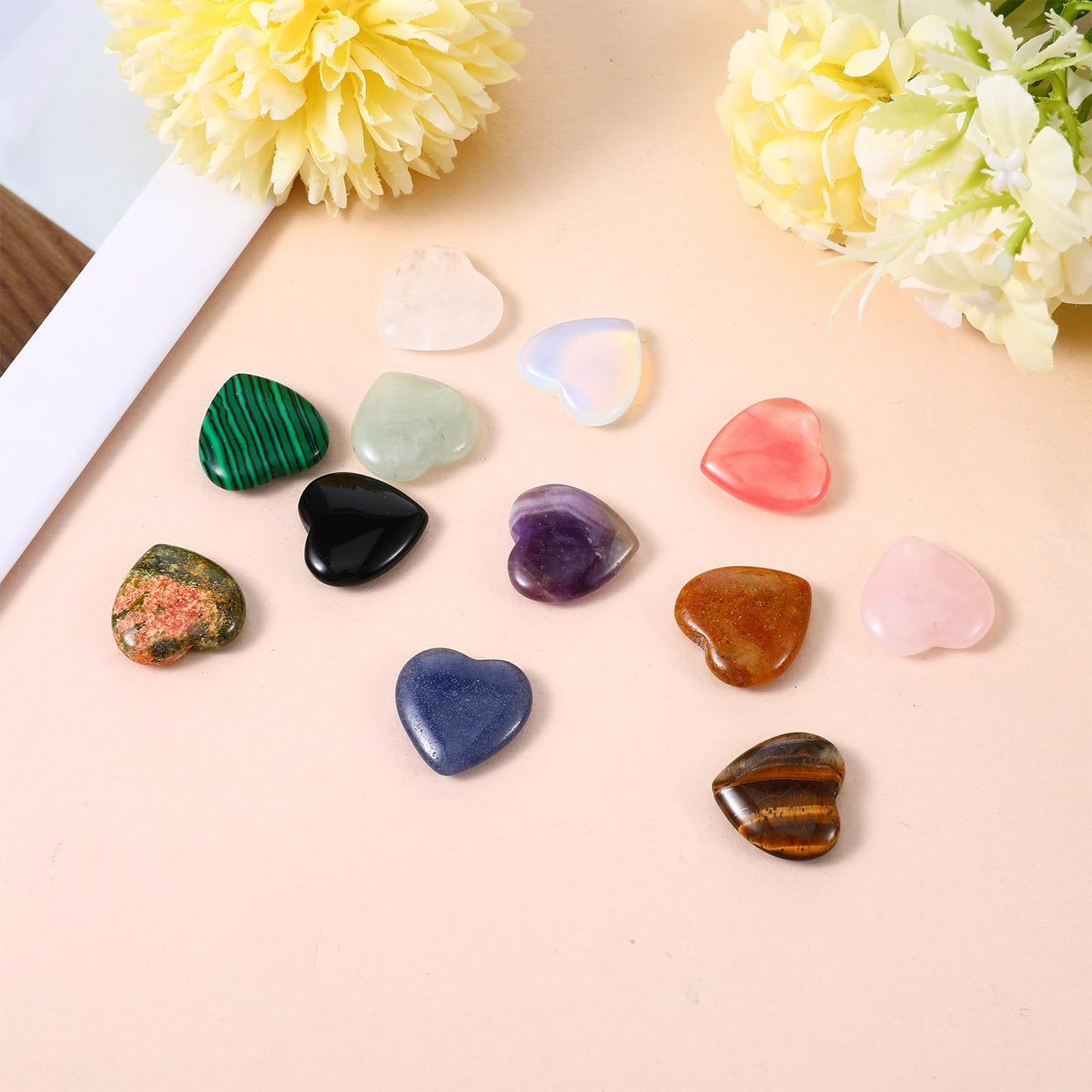 Qianyu 12pcs 0.8 Inches Hearts Healing Crystal Natural Mini Pocket Palm Thumb Love Gemstones Rose Quartz Polished Carved Spiritual Worry Stone for Meditation Body Chakra Reiki Energy Balancing