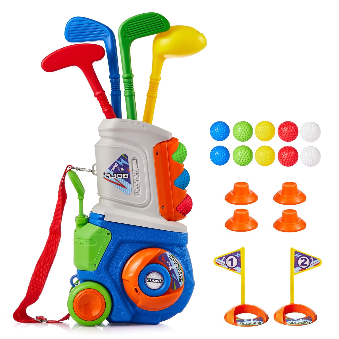 PJG Toddler Golf Set, Plastic Kids Golf Clubs Ages 1 2 3 4 5 Years Old with 4 Golf Clubs and 10 Balls, Indoor and Outdoor Toddler Golf Toys with Cart for Boys and Girls Birthday (Blue)