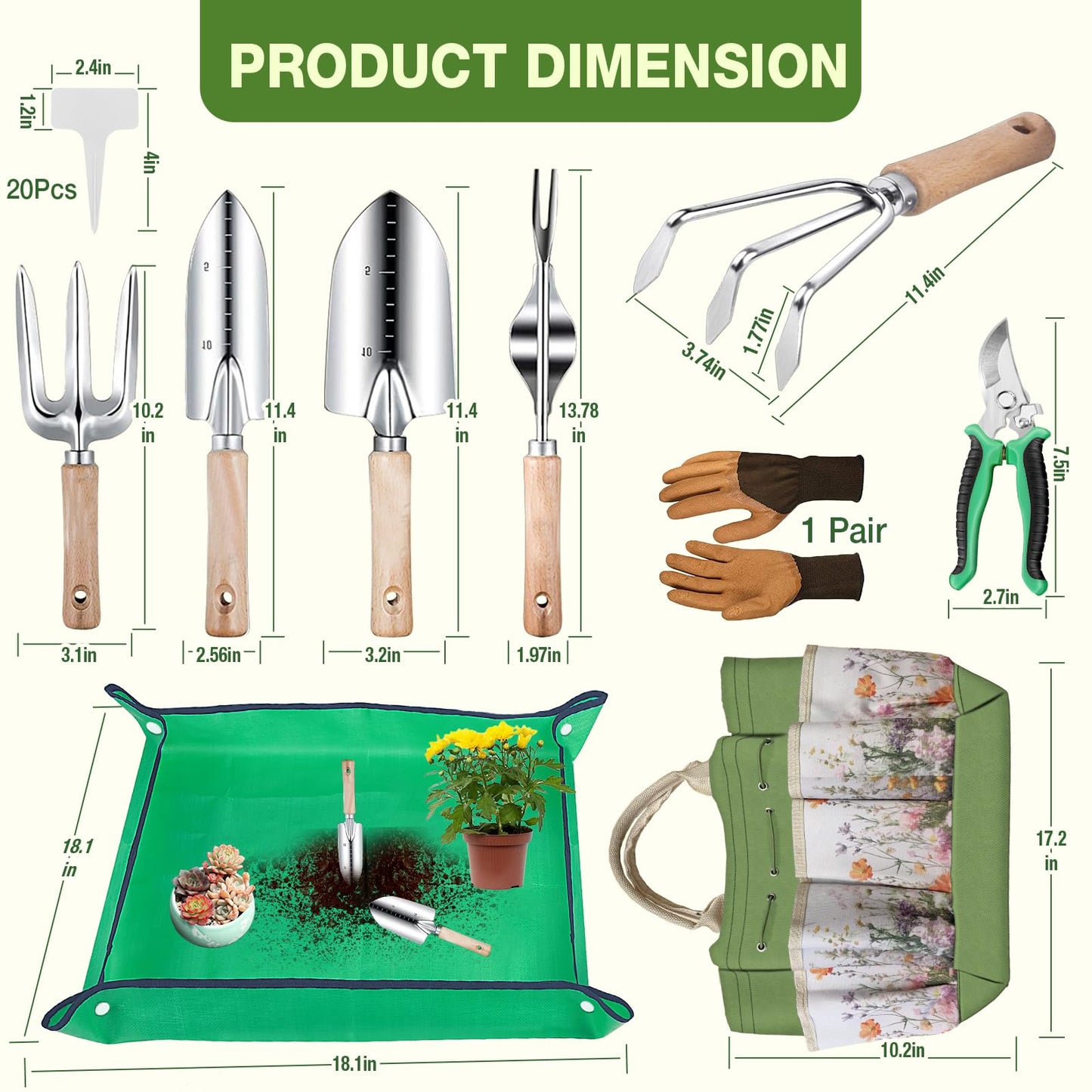 Gardening Tools Set for Women 29Pcs Heavy Duty Garden Hand Tools Set with Floral Tote Bag Rust-Proof Garden Tool Kit Supplies Gardening Esssential Gifts for Women Men