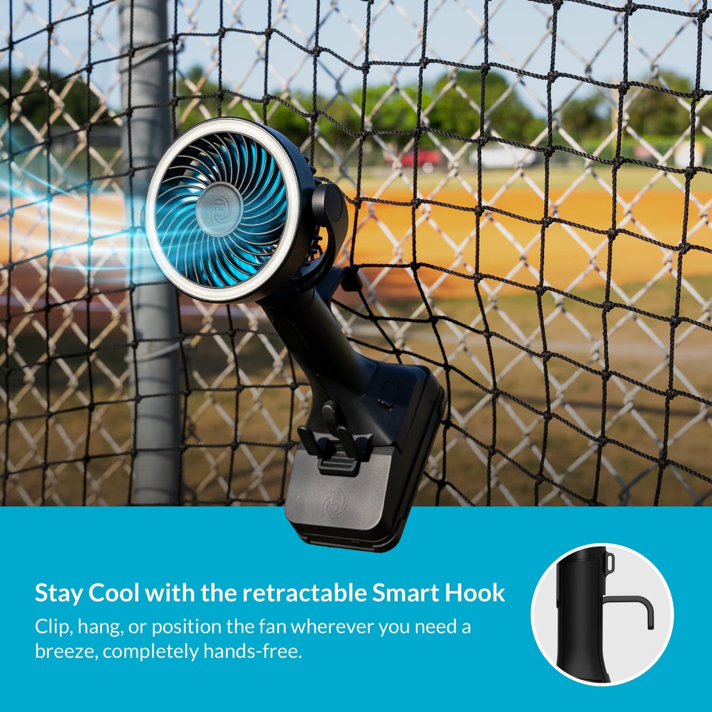 CANE5 AirLux Pro, Portable Fan, 180-Degree Tilt Head, 5 Speeds, 18MPH Wind Velocity, Rechargeable 20V Battery, [40 Working Hours], USB Power Bank, LED Ring Light, Hands-Free Smart Hook
