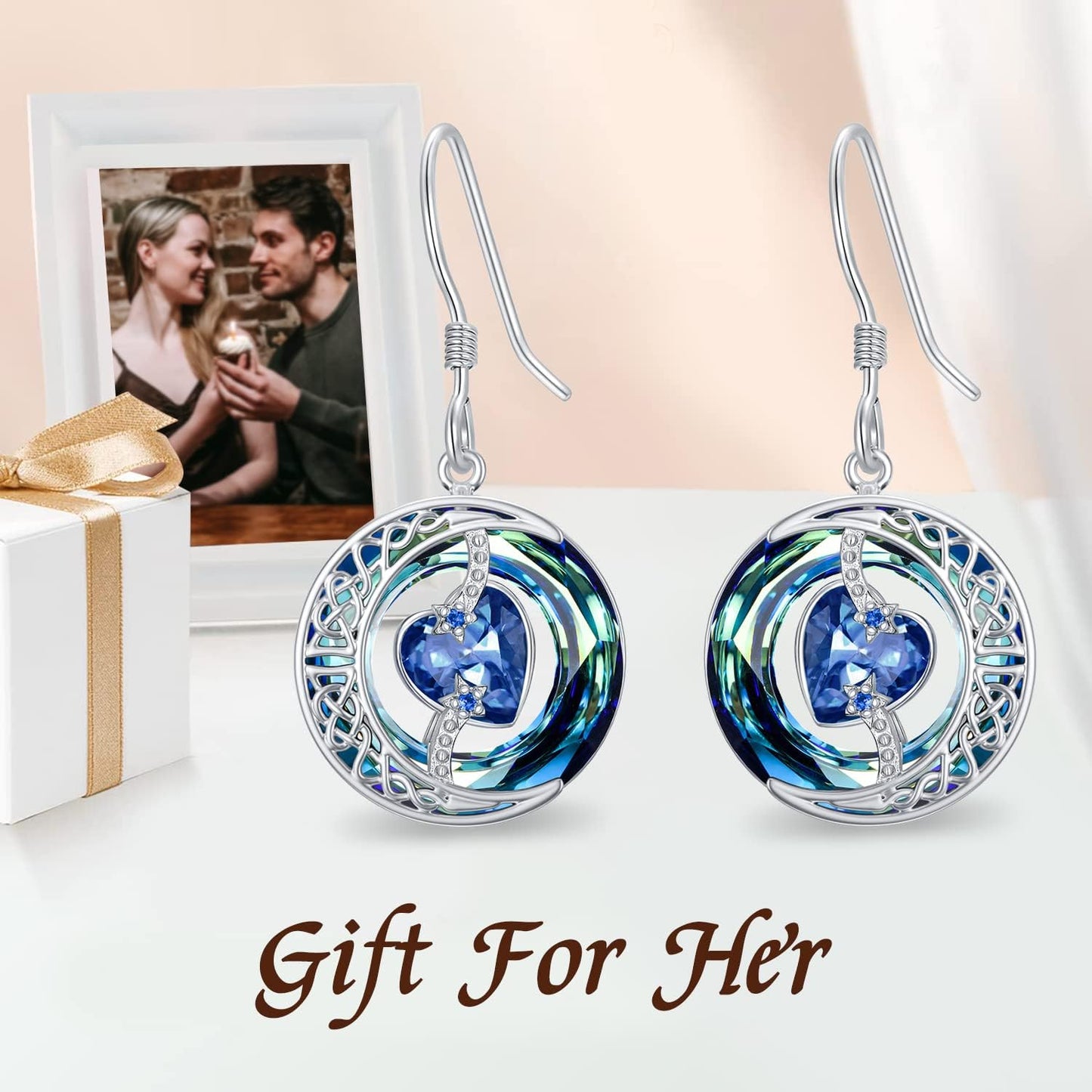 TOUPOP Sapphire Earrings September Birthstone Earrings Sterling Silver Moon and Star Drop Dangle Earring Jewelry Blue Crystal Birthday Mothers Day Gifts for Women Mom Her