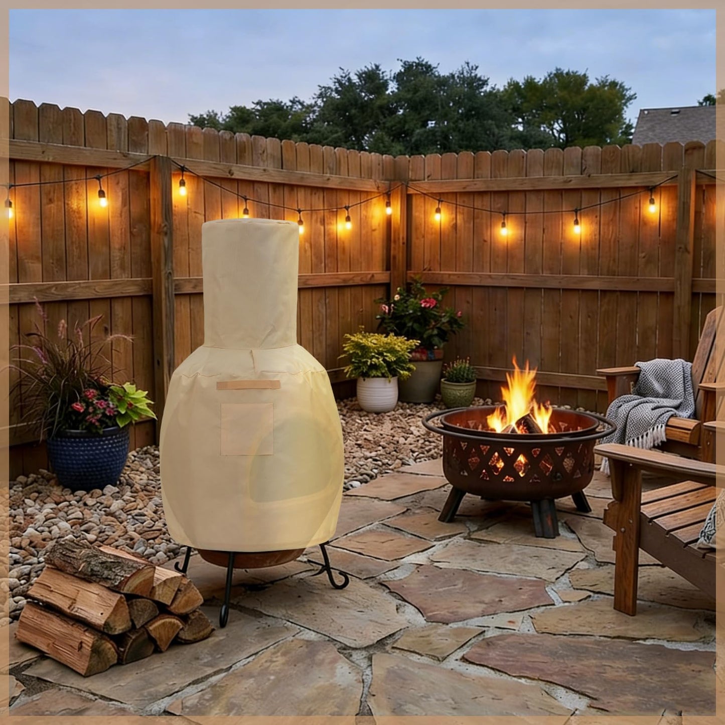 Yoojahow Chiminea Cover Outdoor Waterproof 600D Polyester Fire Pit Cover with Drawstring Weather-proof Heavy Duty Patio Chiminea Caps Outdoor Furniture Protection Defender(Brown)