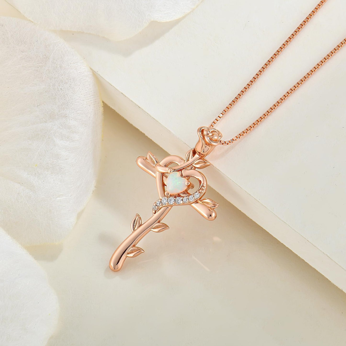 STARCHENIE Rose Cross Necklace, 925 Sterling Silver 14K Rose Gold Plated, Created Opal Heart Pendant, Crucifix Jewelry Gift for Women