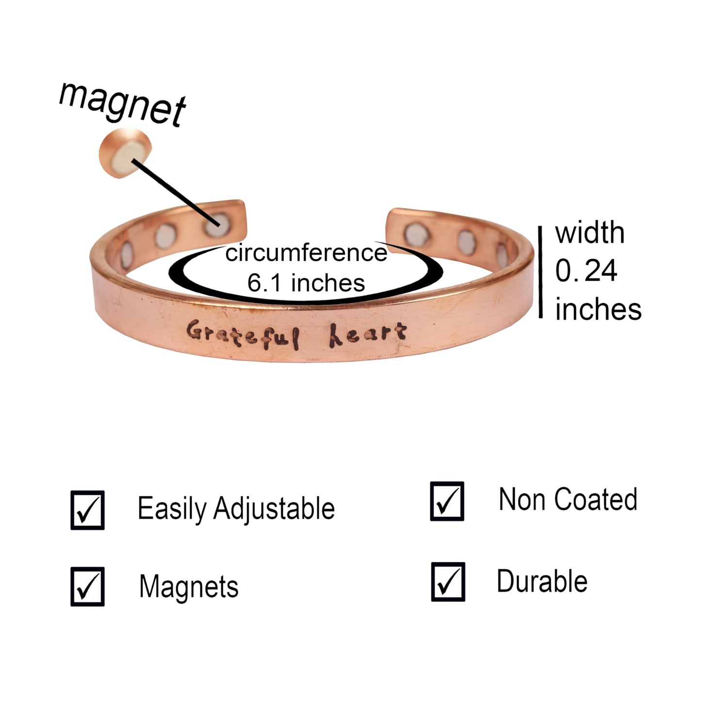 Touchstone Inspirational Copper Engraved Magnetic Bracelets for Women-Personalized Jewelry Gifts for Best Friend/Mom/Daughter/Sister - Adjustable Bracelet in a Gift Box Grateful Heart.