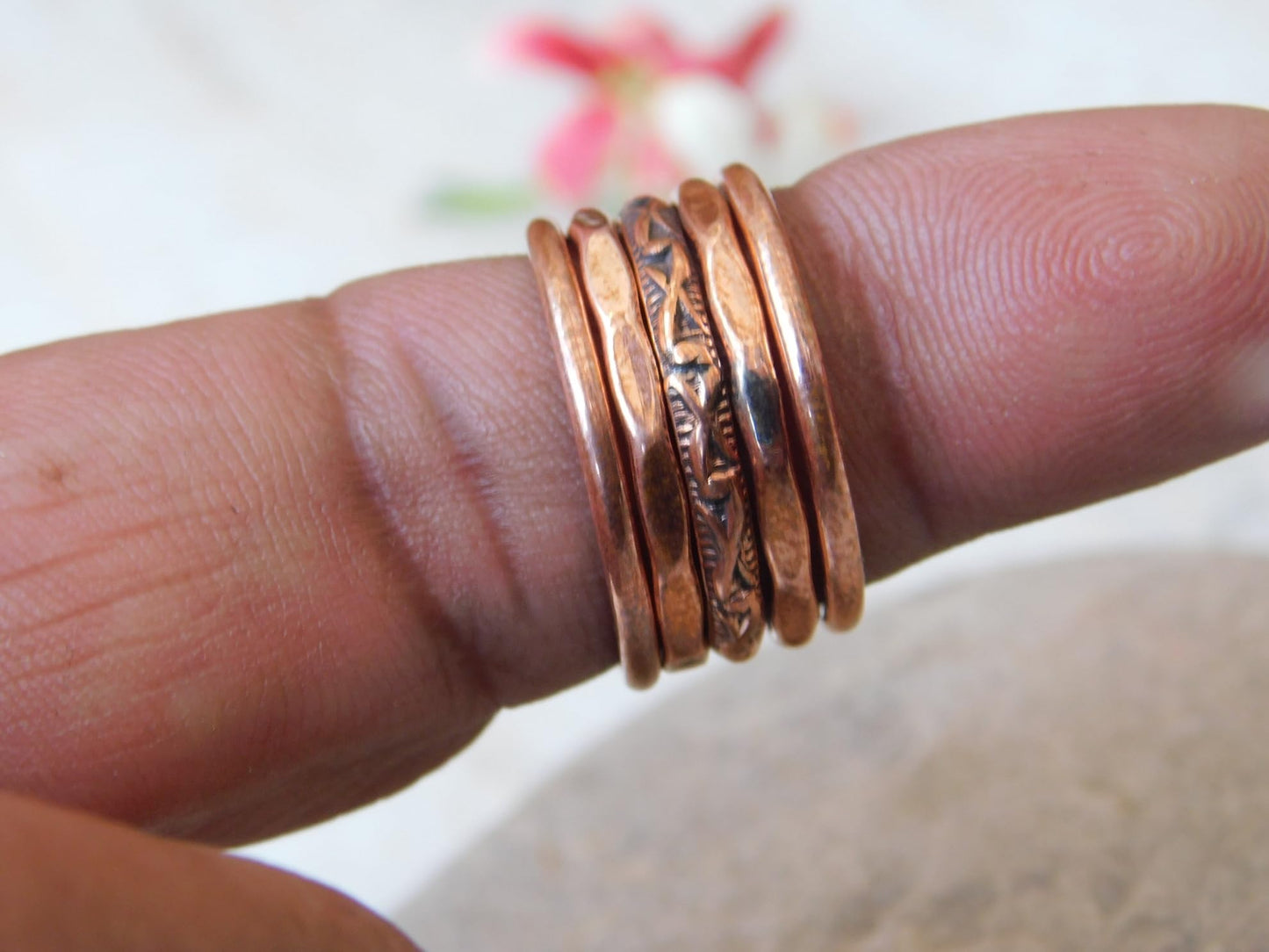Set of 5 Hand Pure Copper Rings. Made with 100% Pure Raw Untreated Copper. Helps Reduce Finger Joint Pain and Swelling. Tibetan Healing Medicine Ring Set. (US-5)