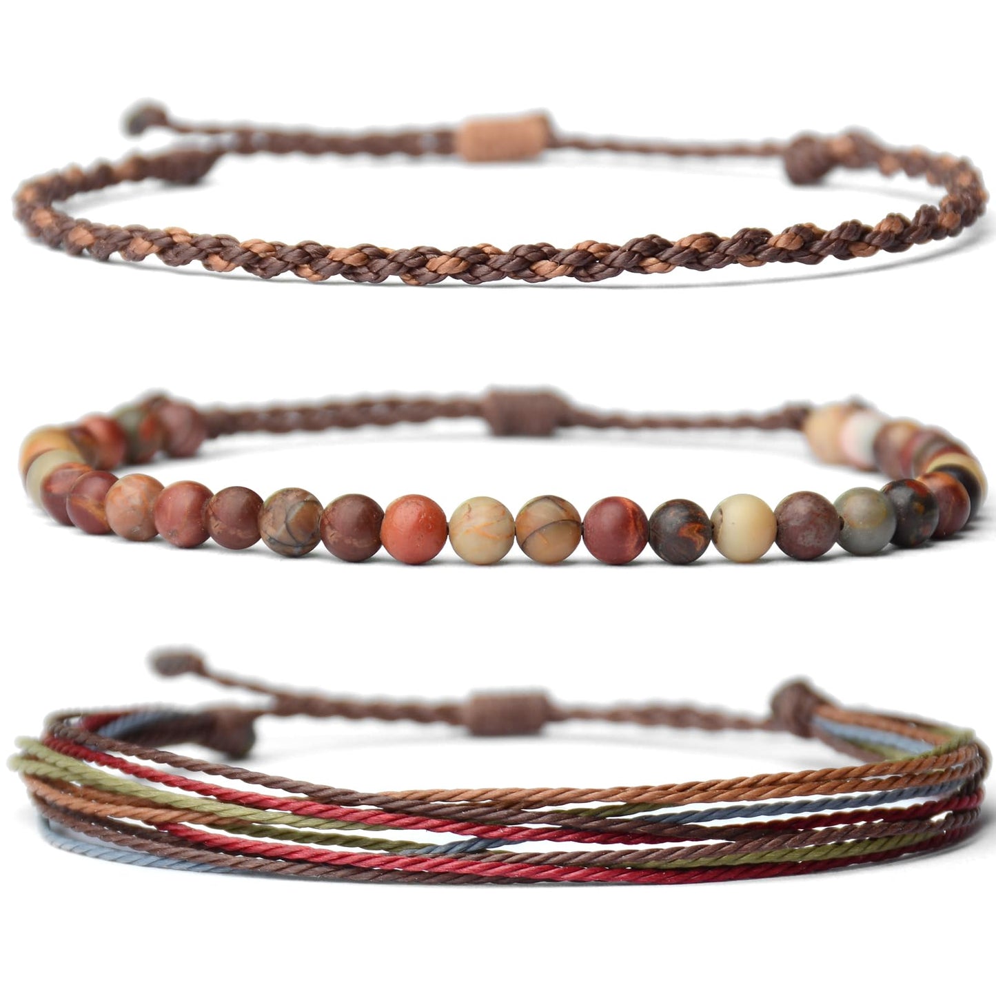 Handmade Natural Stone Beaded Healing Bracelet Gift for Men Adjustable Rope String Bracelet (Red Picasso, Adjustable)