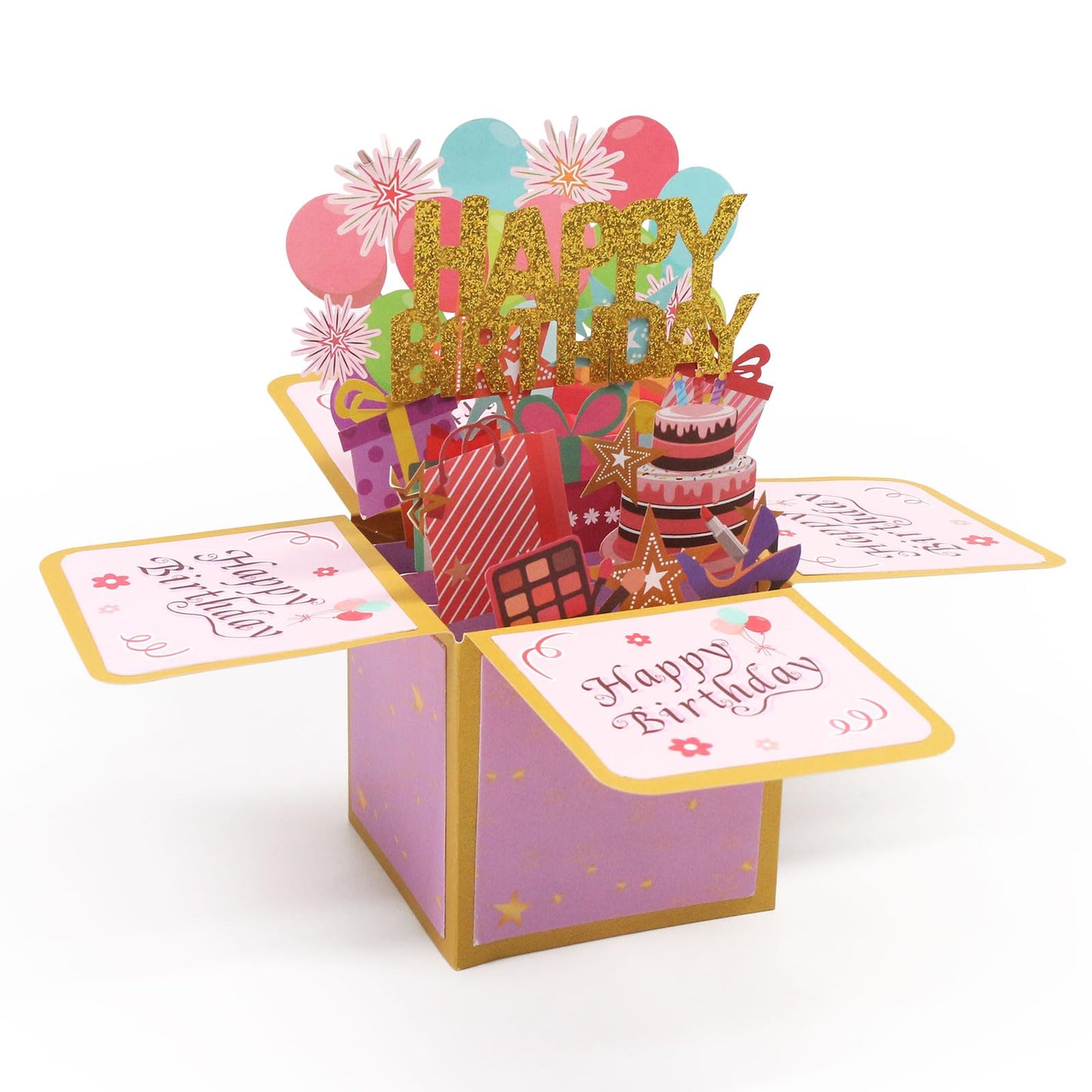 Fushing 3D Pop Up Birthday Card - Sweet Birthday Box Greeting Card Box with Blank Message Card & Envelope, Unique Handmade Scrapbook for Wife, Women, Men, Kids, Daughter, Son, Mom, Dad, Friend (Pink)