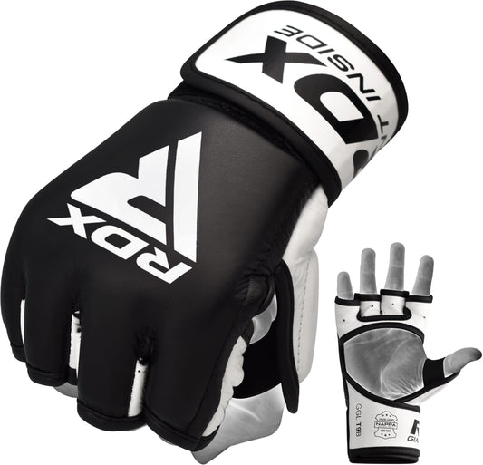 RDX MMA Gloves for Martial Arts Grappling Sparring Training, Cowhide Leather Open Palm, Long Wrist Strap Padded Mitts for Muay Thai, Punching Bag, Speedball Workout Kickboxing Cage Fighting