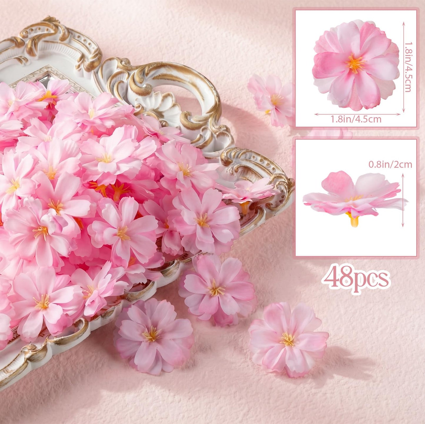 Maasechs 48 Pcs Pink Fake Flower Heads Bulk for Graduation Cap Faux Artificial Heads Silk Flower Head for Wedding Cake Topper Baby Shower Home Crafts Decoration