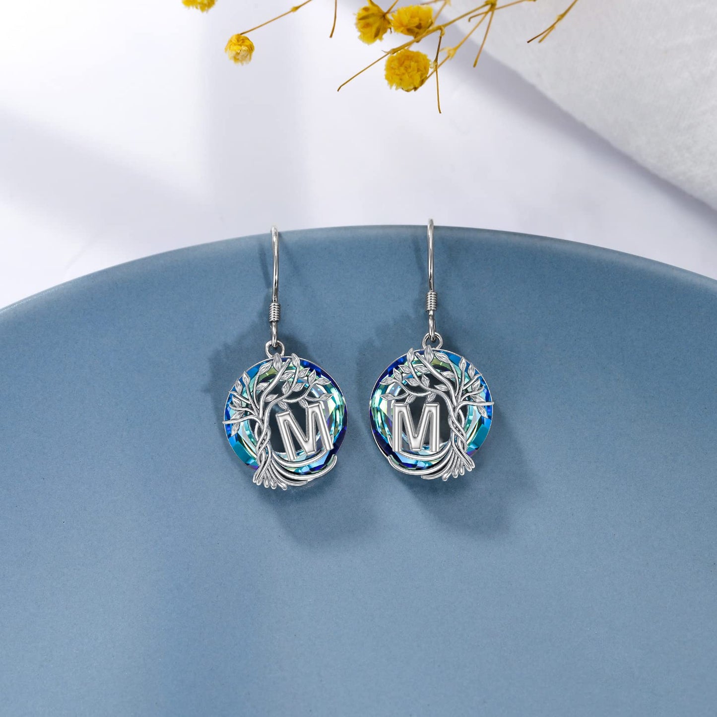 TOUPOP Tree of Life Initial Earrings Sterling Silver Initial M Letter Drop Dangle Earrings Blue Circle Crystal Family Tree Jewelry Birthday Mothers Day Gifts for Women Mom Her