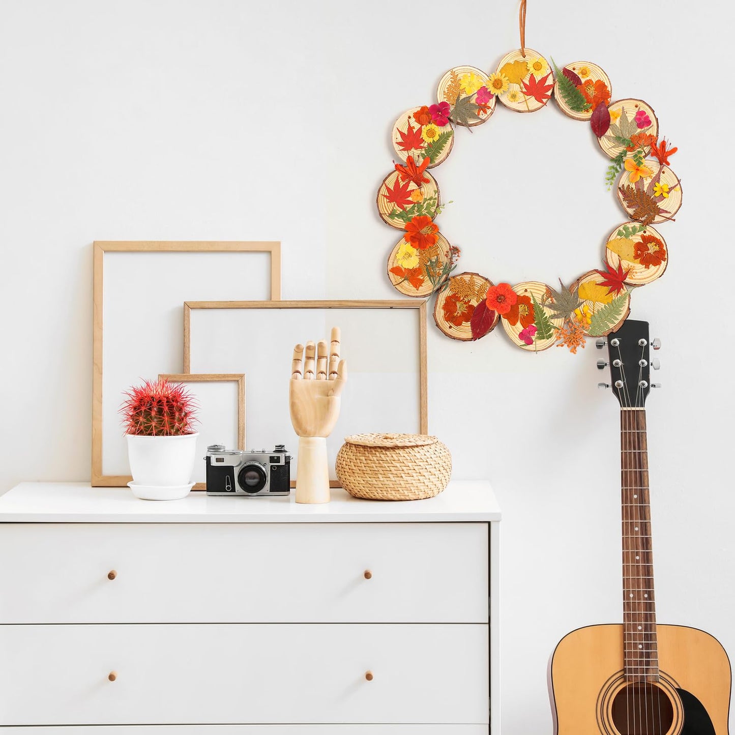 Maasechs 20 Set Spring DIY Wooden Crafts with Dried Pressed Flowers Leaves Unfinished Wood Slices Hanging Ornaments for Art Project Craft Wedding Home Decoration Gifts(Warm)