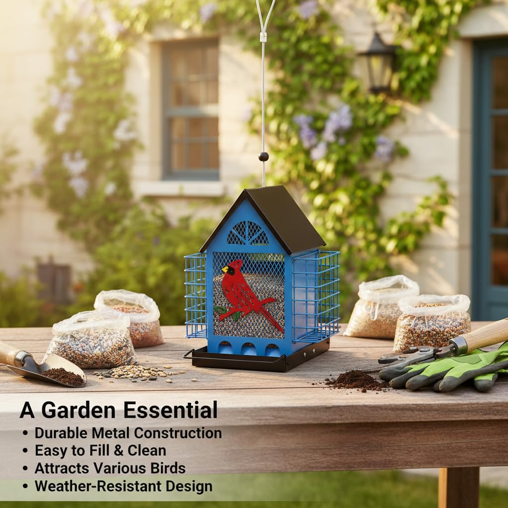 Blue House Metal Bird Feeder - 20" Hanging Wild Bird Feeder with Decorative Accents, Large Capacity Outdoor Birdfeeder for Cardinals and Songbirds, Perfect Garden Gift