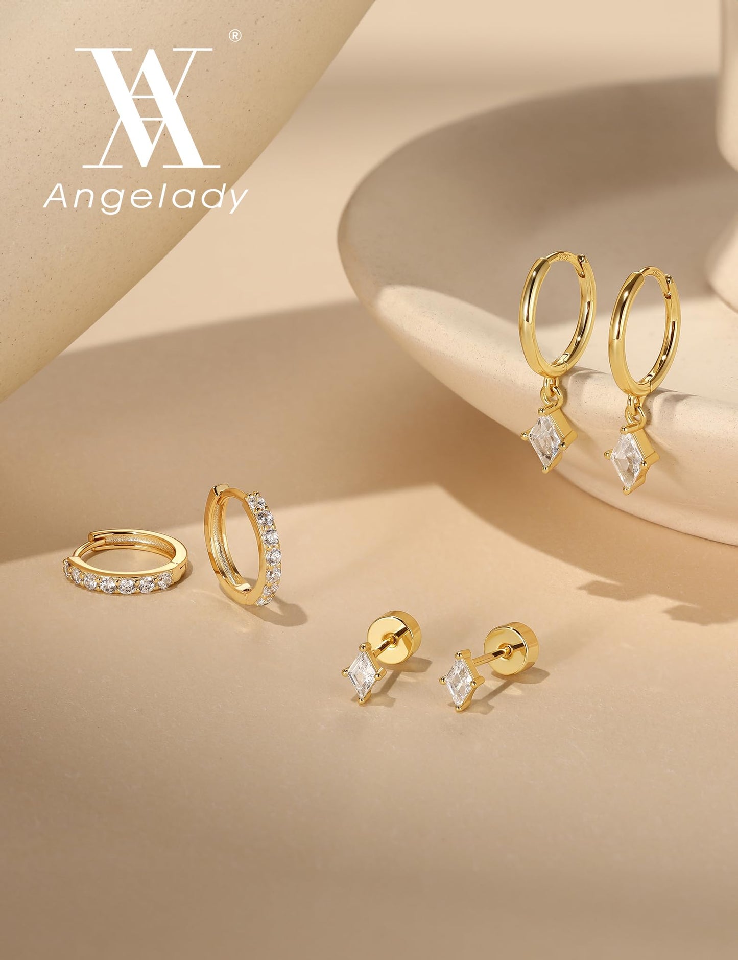 Angelady 3 Pairs 14K Gold Plated Hoop Earrings Set for Women, Dainty Hypoallergenic Dangle Huggie Earring, Trendy Small Earring Stack, Flat Back Stud Earring Jewelry Gifts for Women