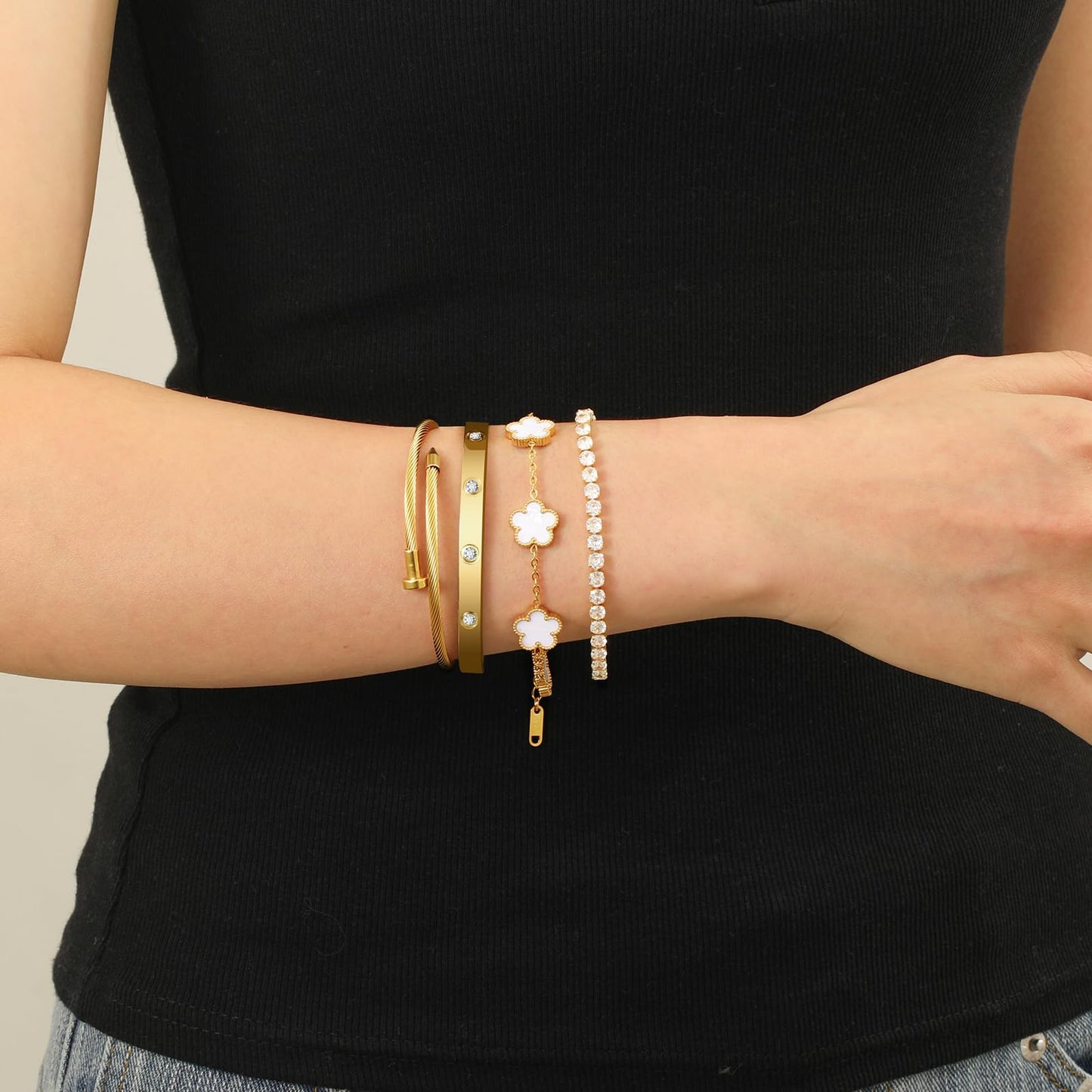 MEIERYA 18K Gold Plated Womens Stackable Floral Bracelets Set,Twisted Cable Bangle,Trendy Jewelry,Waterproof adjustable bracelet,Christmas Birthday Gifts for Girlfriend or Mother. (04-Color-white)