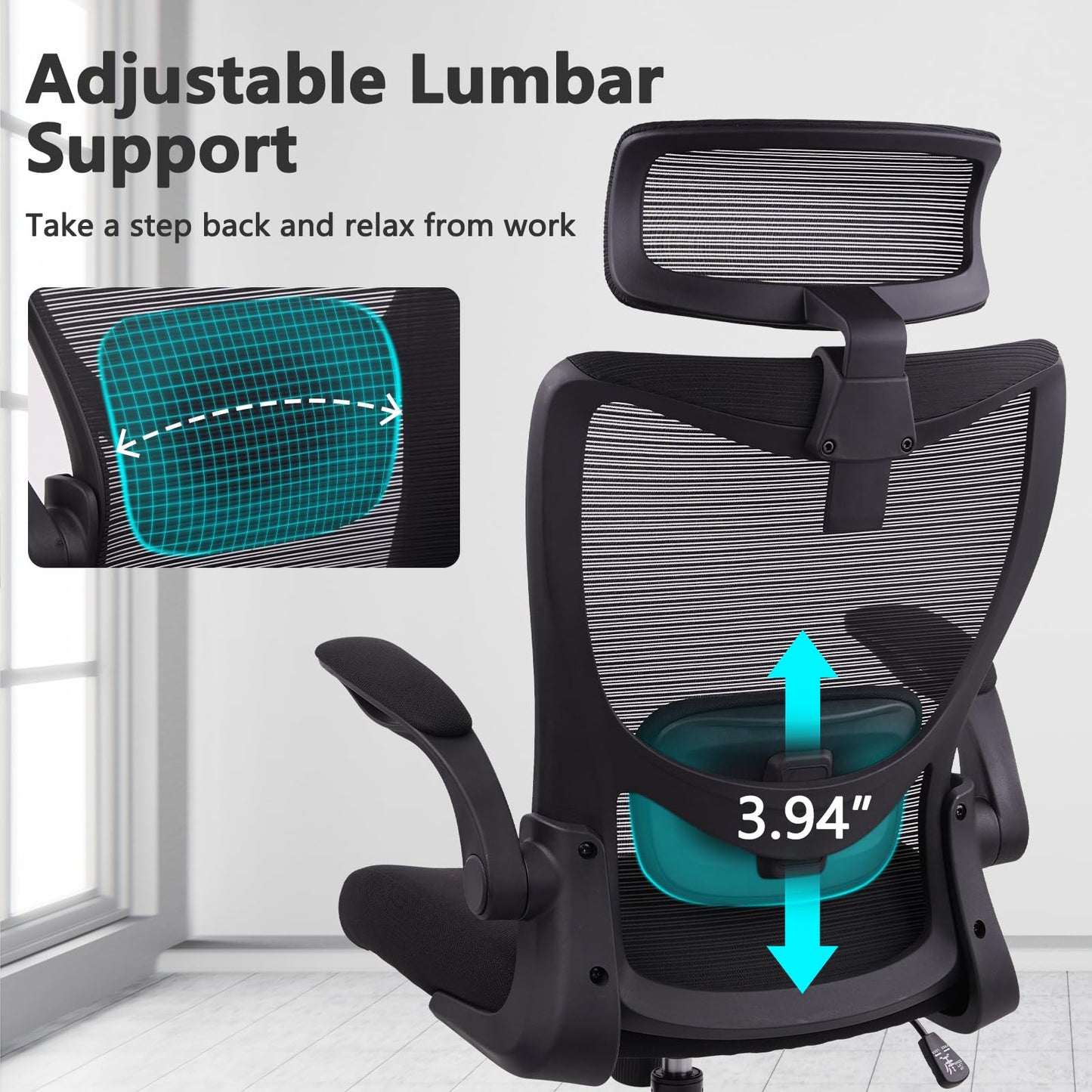 CLATINA Heavy Duty Ergonomic Mesh Office Chair 400LBS, Big and Tall Desk Chair with Adjustable Lumbar Support & Headrest, Flip Up Padded Arms, Swivel Computer Chair for Home, Conference, Black, 6 PACK