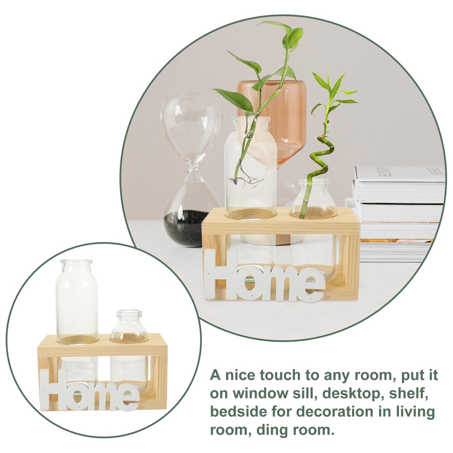 IMIKEYA Glass Hydroponic Plant Terrarium Vase with Wooden Stand, 2pcs Desktop Flower Planter for Home Décor and Indoor Plant Propagation