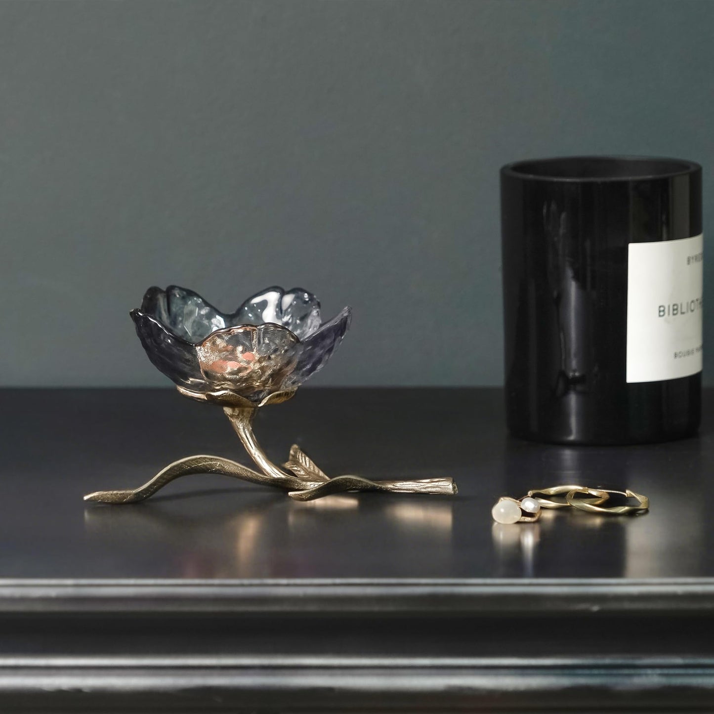 SOFFEE DESIGN Dark Glass Flower Jewelry Tray with Gold Metal Leaf Base, Jewelry Dish Ash Tray for Vanity Table, Moody Home Decor Accent