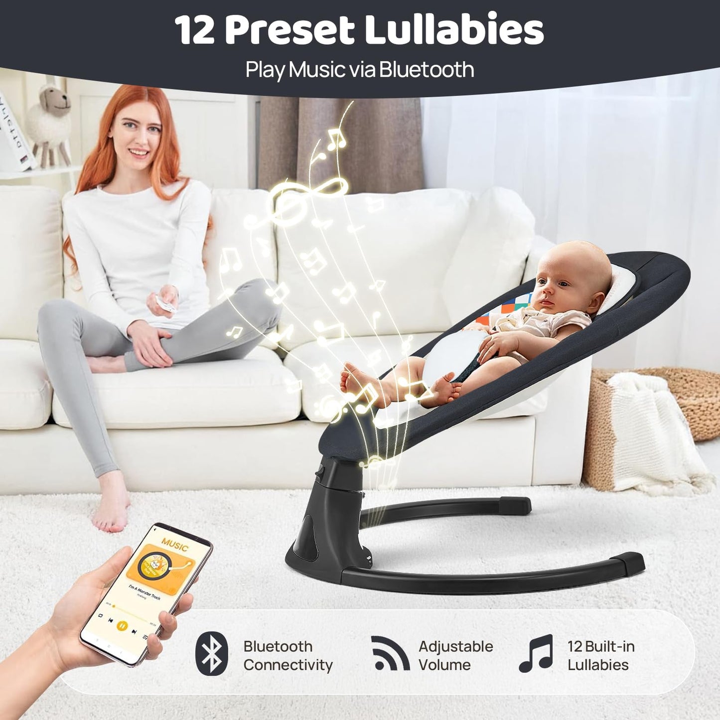 Baby Swing for Infants, Modern Infant Swings with Bluetooth & Remote Control, 5 Speed Motions, 12 Soothing Sounds, Portable for Newborns (Max 20 lbs Black)