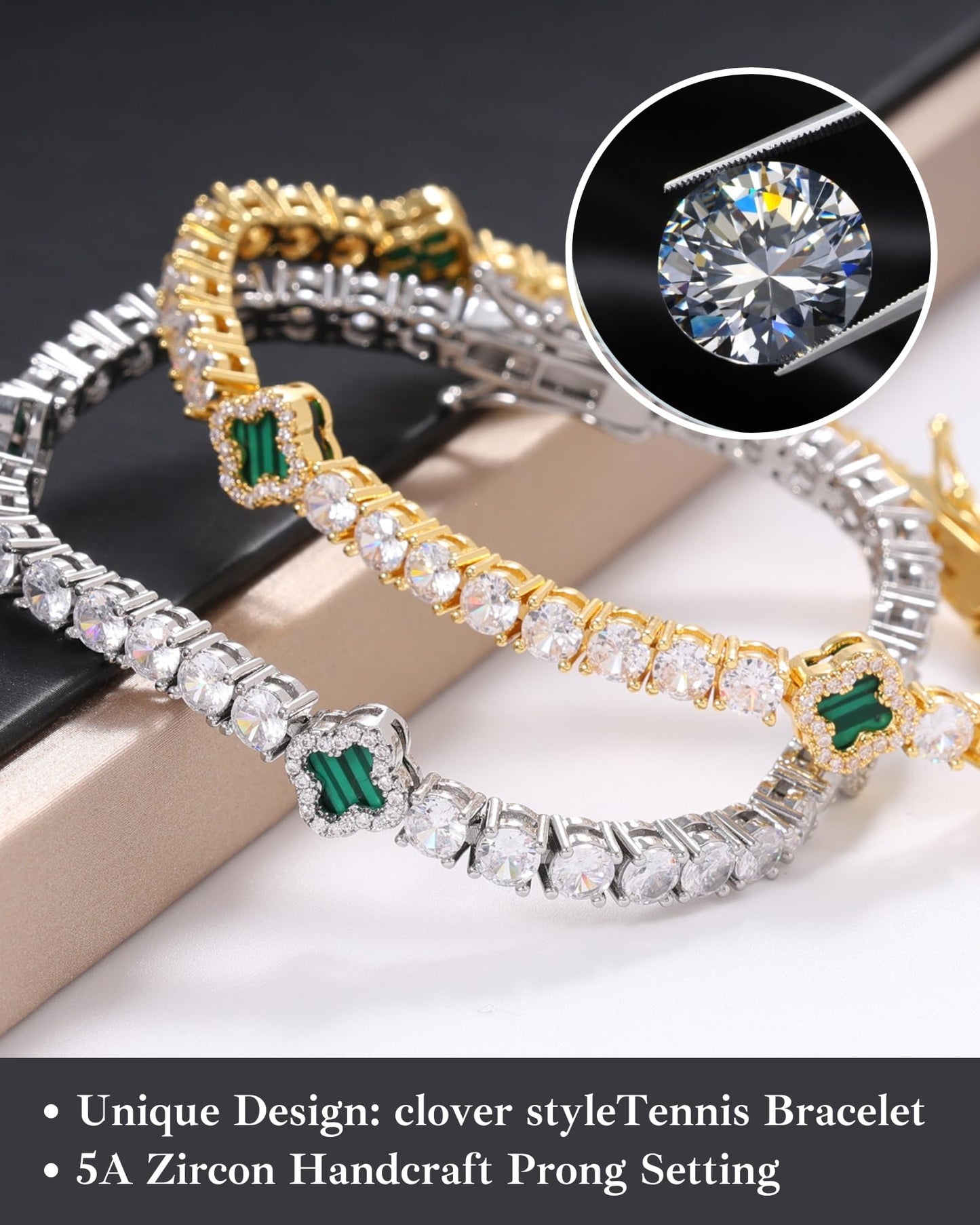 LuxeFlex 4mm Iced Out Clover Tennis Bracelet, White Gold Plated with 5A Zircon Stones, Handmade exquisite Hip Hop Jewelry, Perfect Unisex Gift (White Gold-Green,7)