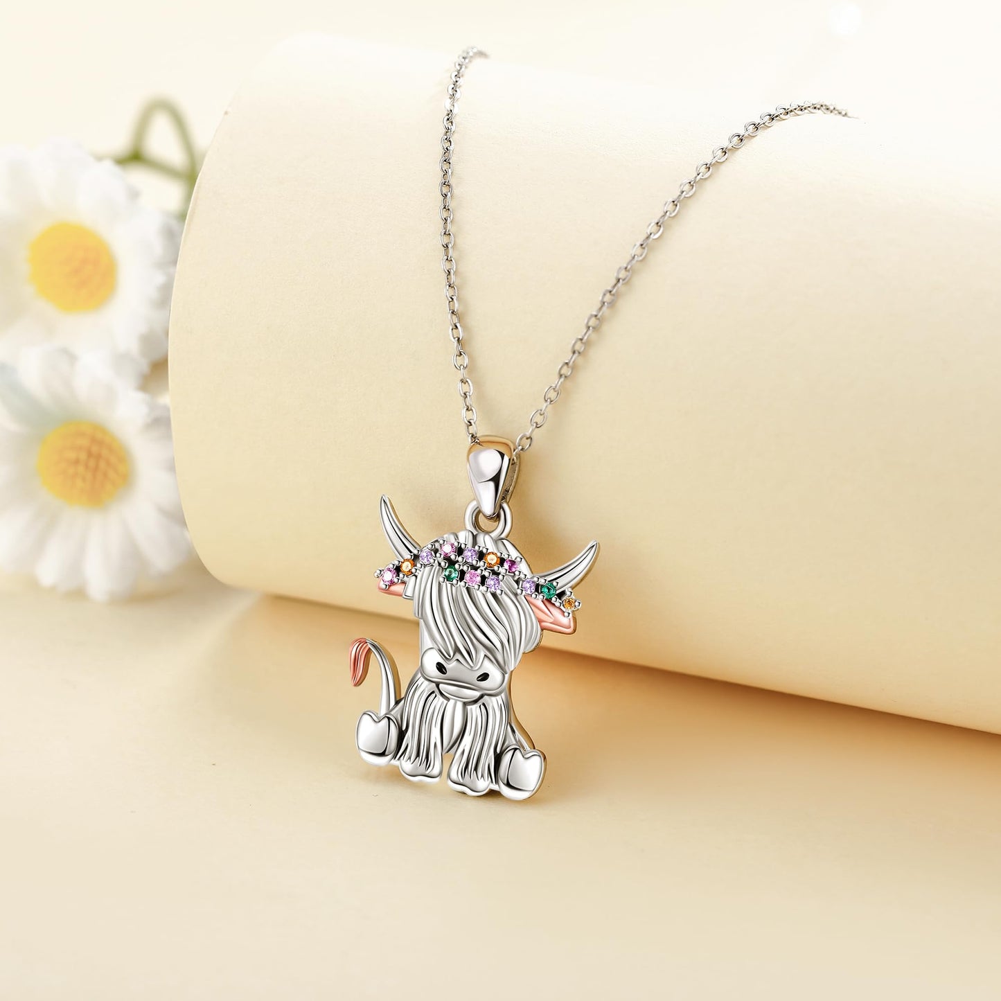 YAFEINI Highland Cow Necklace 925 Sterling Silver Highland Cow Necklace Animal Jewelry Gift for Women Mom