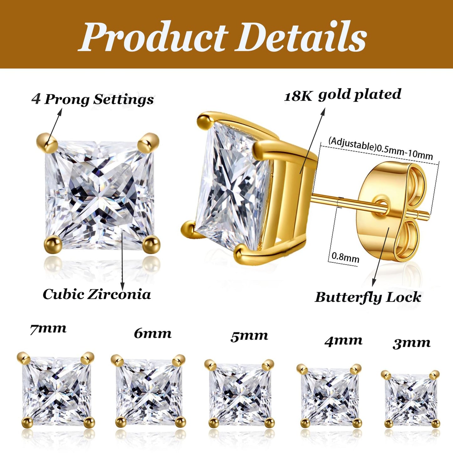 Gemsme 5 Pairs Princess Cut Cubic Zirconia Stud Earrings for Women/Men - 18K Gold Plated Hypoallergenic 3-7mm Square Clear CZ Earring Set