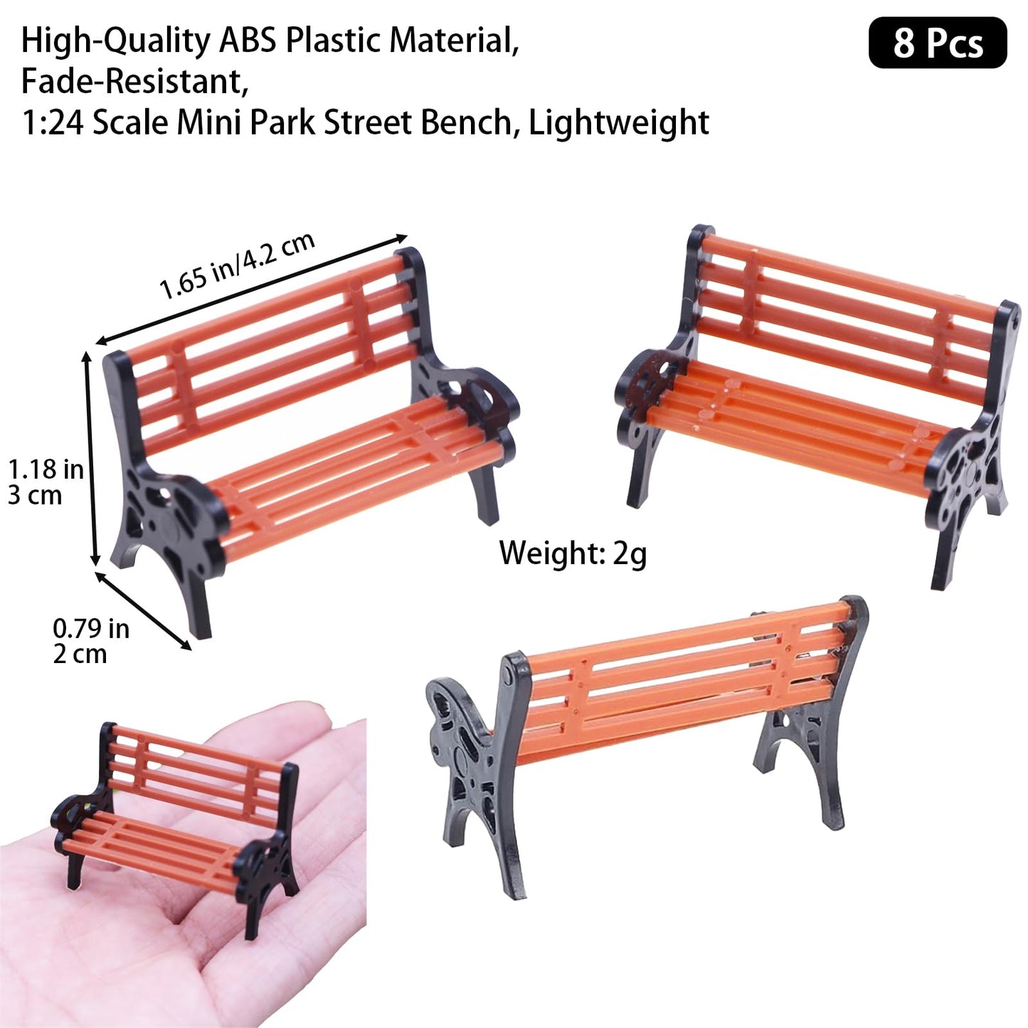 8Pcs Miniature Park Street Bench Chair Model, 1:24 Scale Garden Seats, Tiny Park Benches Settee for Dollhouse and Fairy Garden Accessories, Train Platform and Miniature Landscape,1.65 in, Brown