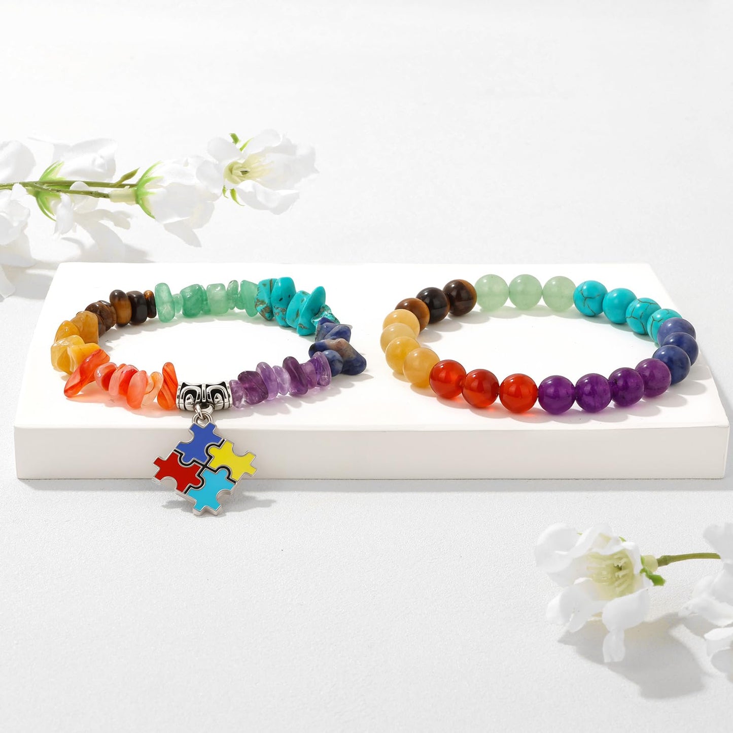 GolbalJew Autism Awareness Bracelets for Women Colorful Puzzle Charm 7 Chakra Gemstone Beads Bracelet Natural Stone Autistic Gifts Jewelry