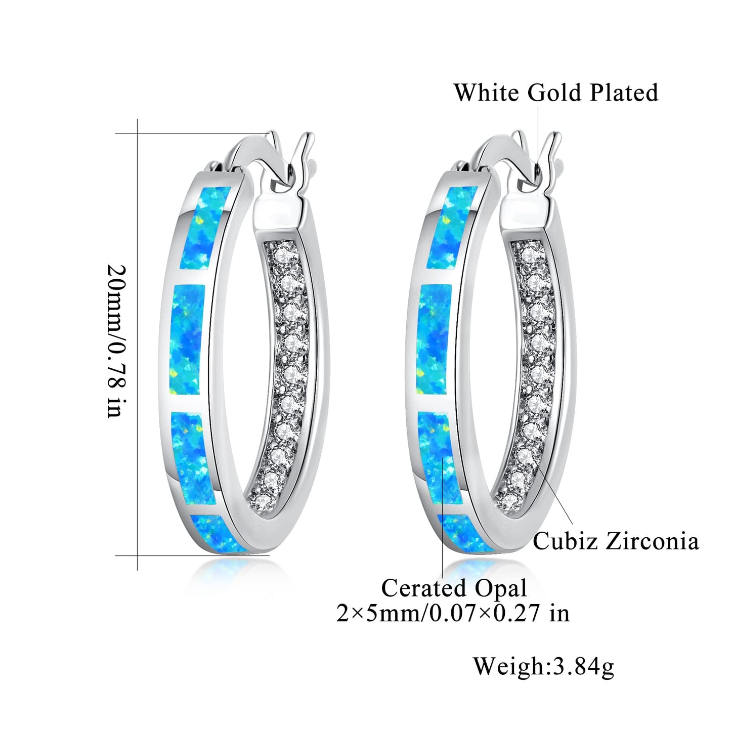 CiNily Women's Hoop Earrings for Her Blue Opal Earrings White Gold Plated Hypoallergenic Small Round Ear Hoops Ladies White Gemstone Hoop Earrings Jewelry 20mm
