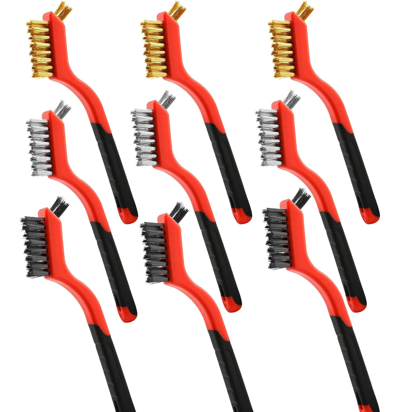 Wire Brush 9Pcs Metal Scrubber - Nylon/Brass/Stainless Steel Bristles with Curved Handle Grip for Cleaning Rust Removal, Dirt, Paint Scrubbing with Deep Cleaning – 7 Inches