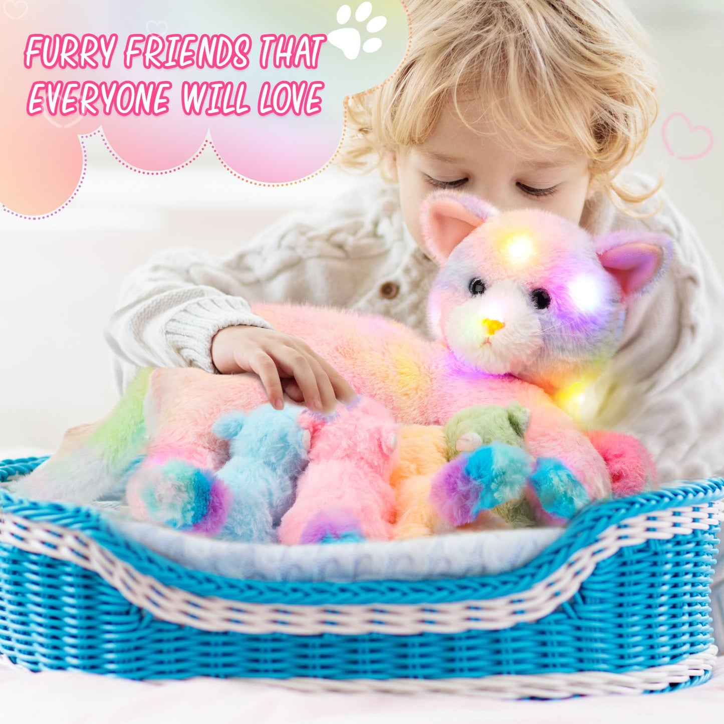 Skylety Nurturing Cat Stuffed Animal with 4 Plush Kittens, Cats Baby Stuffed for Girls Boys Plushy Mommy Kitty with Baby Kittens for Birthday Party Favors Gifts(LED Style)