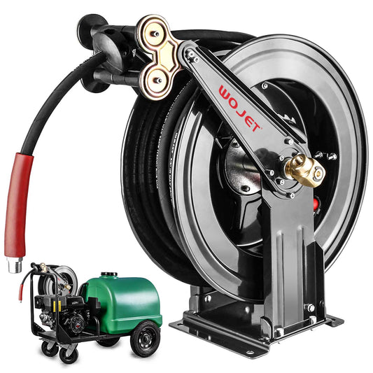 WOJET Pressure Washer Hose Reel 50 ft x 3/8 in, Retractable Hose Reel for Water/Air/Oil, Heavy Duty Hose Reel in Steel, Power Washer Reel with Dual Arm, Auto Rewind, Max 4000PSI (Without Hose)