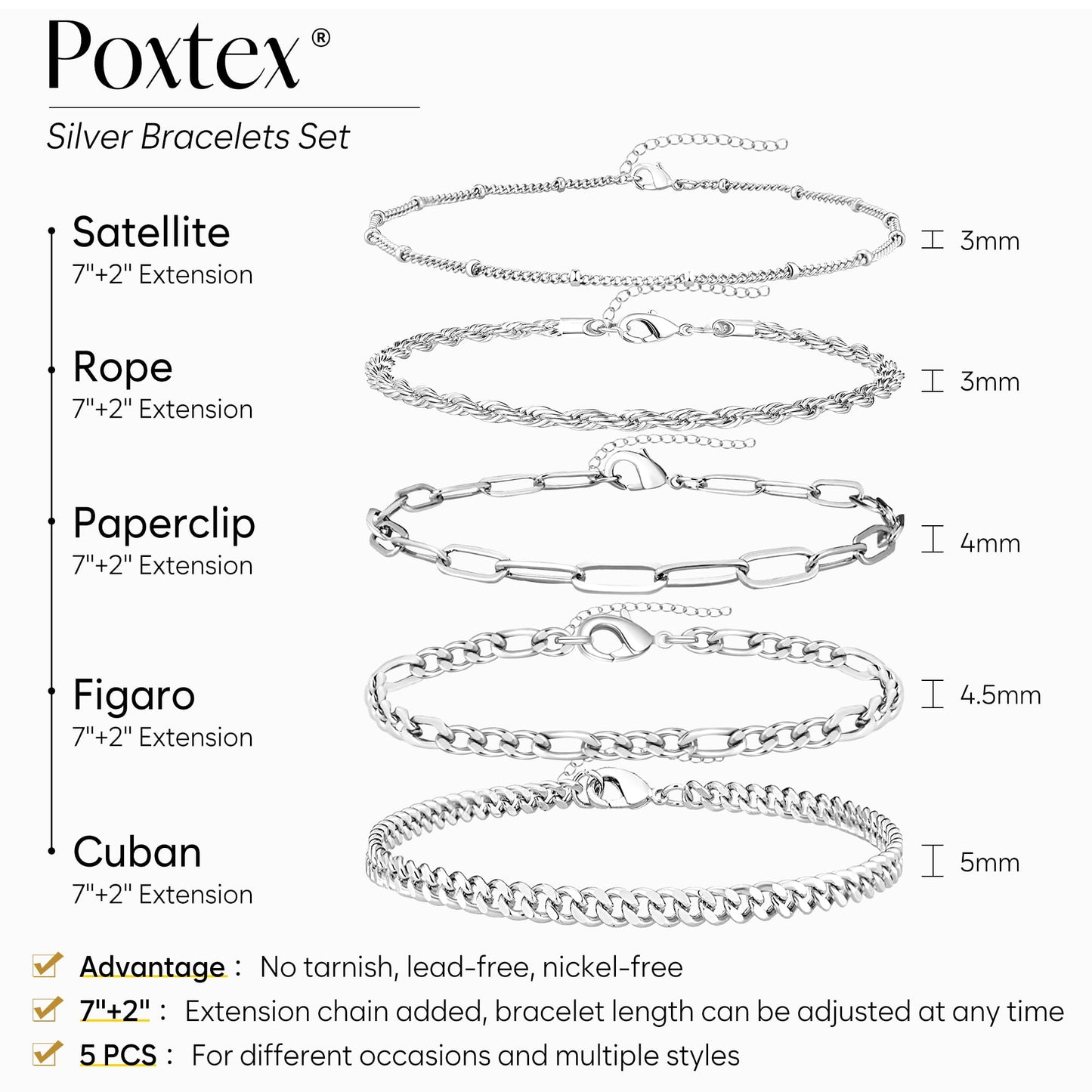 Poxtex Silver Bracelets for Women, Dainty Sterling Silver Bracelets for Women Trendy, Silver Stackable Bracelets Waterproof Jewelry for Women, Classic & Simple Bracelet Set with Cuban Paperclip Figaro