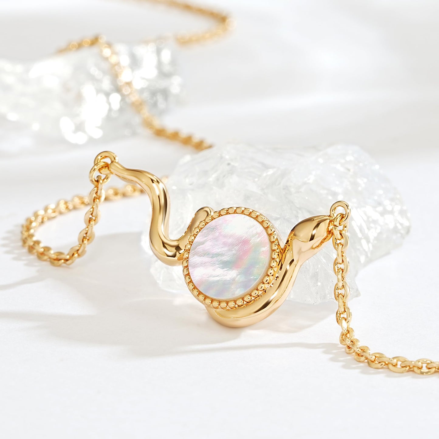 Fettero Dainty MOP Necklaces for Women, 14K Gold Plated Snake Pendant Cute Charm Neclace Delicate Pearl Beach Gold Necklace for Women Jewelry Gift