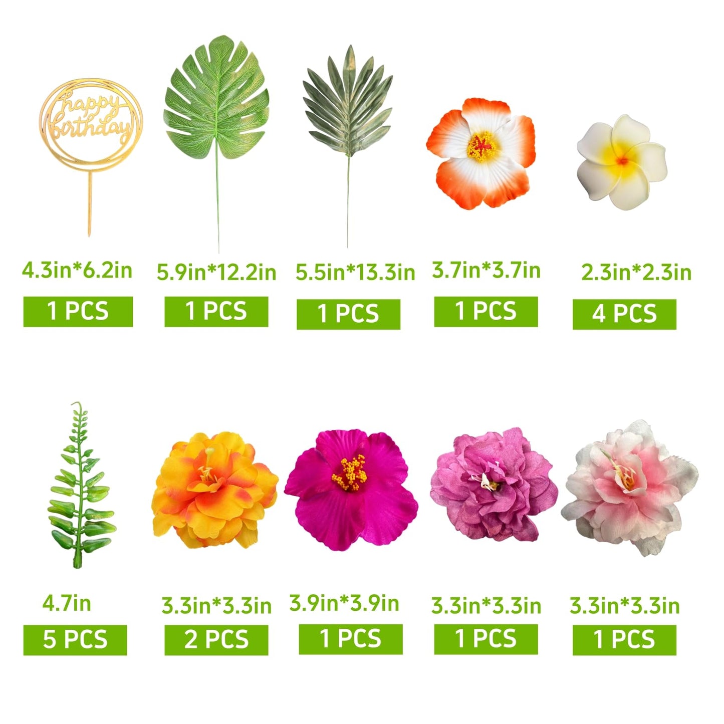 18Pcs Hawaiian Flowers Cake Decorations, Tropical Luau Cake Toppers with Hibiscus and Palm Leaves, Summer Cupcake Toppers, Non-Edible Aloha Beach Party Supplies for Birthday Celebration