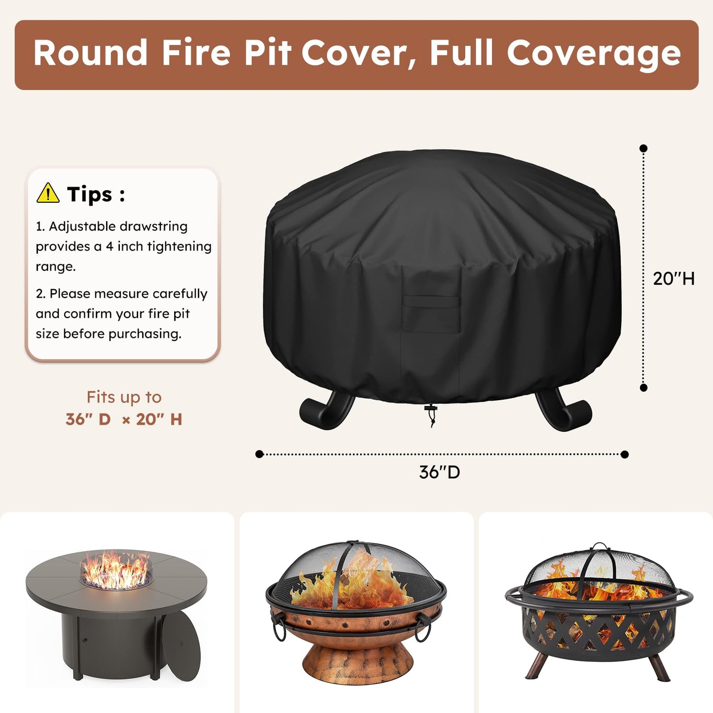 MR. COVER Round Fire Pit Cover 48 Inch, Heavy Duty 600D Waterproof Windproof Fire Pit Table Cover, Rip-Proof Fade Resistant Outdoor Firepit Cover with Straps and Built-in Vents, Black