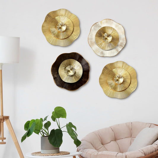 Shimeyao 4 Pcs 12 Inch Gold Wall Decor Metal Flower Plate Art Hanging Wall Decorations Modern Metai Decorations for Home Living Room Office Bedroom Bathroom Floral Sculpture
